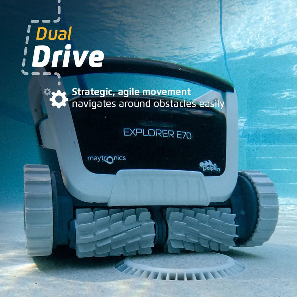 Dolphin Explorer E70 Pool Robot with included Dolphin Universal Caddy, Wi-Fi, and Waterline Cleaning